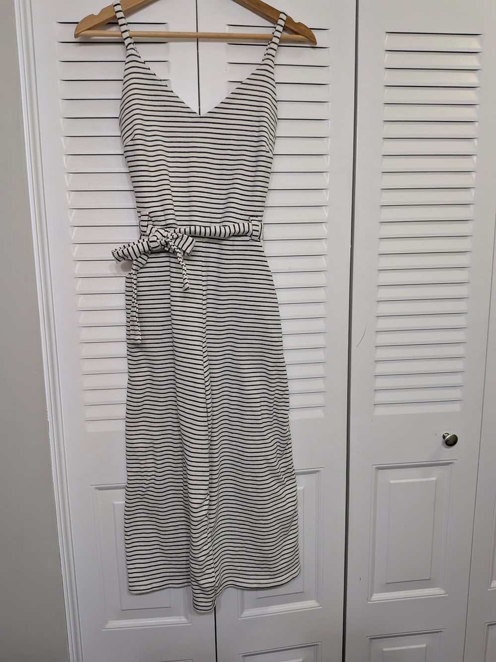 Monteau Los Angeles Navy Blue + White stripped Knit Capri Romper with Tie belt